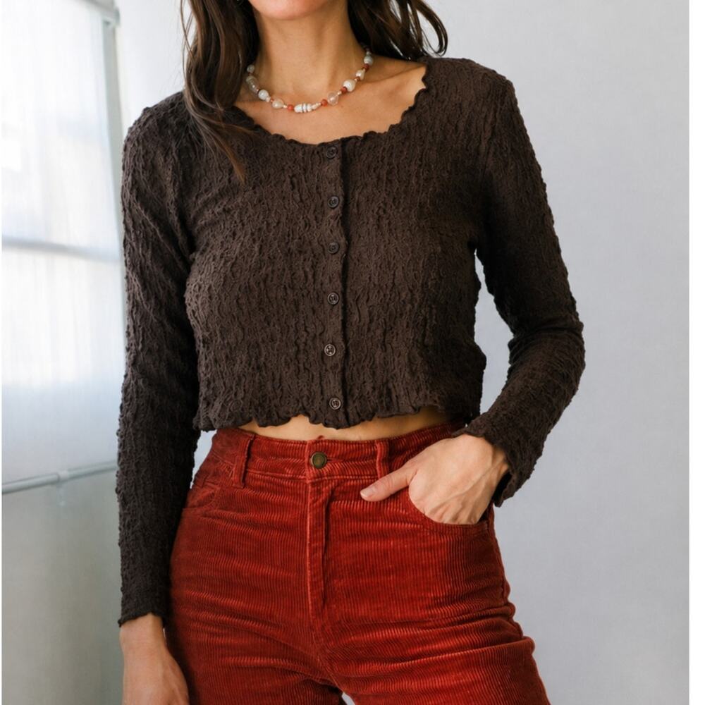 All Row Brown Textured Cardigan Cropped Minimalist Autumn Top Fall Size Large